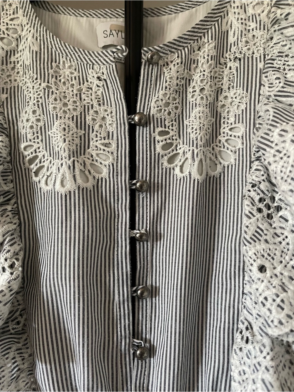 SAYLOR Maliyah White Dress with Gray Pinstripes and Lace Eyelet - Picture 4 of 6